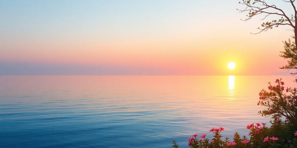 Rustige natuur met zonsopgang en kalm water.